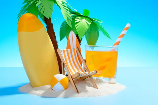 Vista de la soleada isla de arena con palmeras, tumbona, tabla de surf, zumo de naranja, pelota y protector solar —  Fotos de Stock
