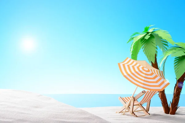 Tropische stilleven. Dawn kommuna in het zandstrand met palmbomen. Ligstoel op het strand — Stockfoto