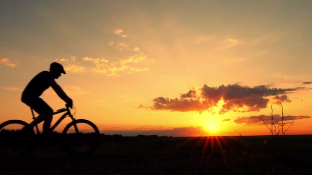 Três tipos andam de bicicleta no campo. Silhuetas de ciclistas em um fundo por do sol . — Vídeo de Stock