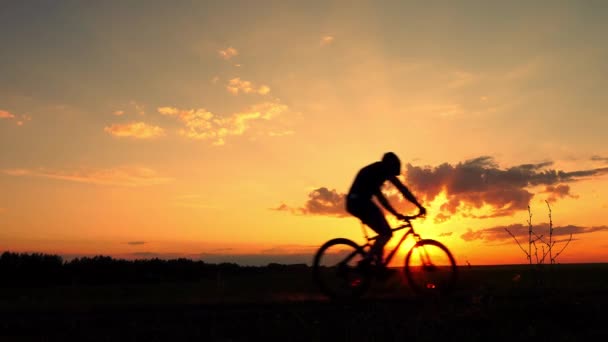 Ciclista in sella a una bicicletta su uno sfondo tramonto. Silhouette di un uomo in bicicletta in campagna . — Video Stock