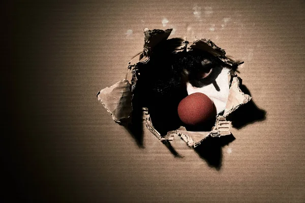 Жахливий вампірський клоун з червоним носом дивиться через рваний картон. Тема Хеллоуїна з порожнім простором ліворуч . — стокове фото