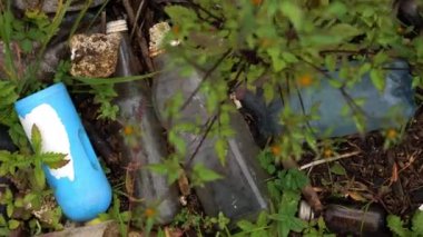 Çevrenin plastik kirliliği. Plastik şişeler ve çimenler arasında çözünmeyen diğer atıklar..