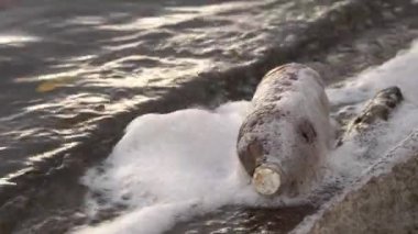 Su ortamında plastik kirliliği. Plastik bir şişenin yakın çekimi bir su deposunun kıyılarında sallanıyor..