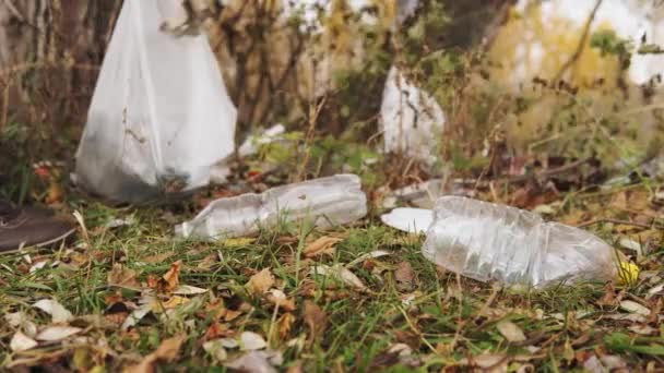 Ecological concept, collection of plastic trash on the nature. Responsible male volunteer collects garbage into a bag with wooden tongs, close-up. — Stockvideo