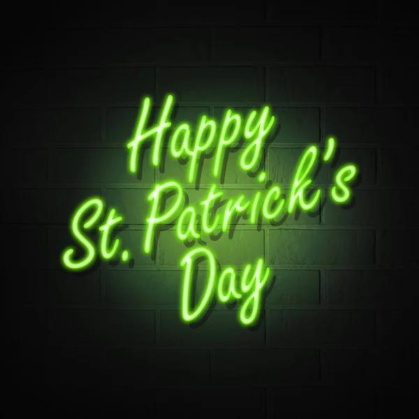 Eine neon-werbetafel in form des textes happy st. patrick 's day auf einem hintergrund aus ziegelsteinen. Feiertagssymbol. — Stockfoto