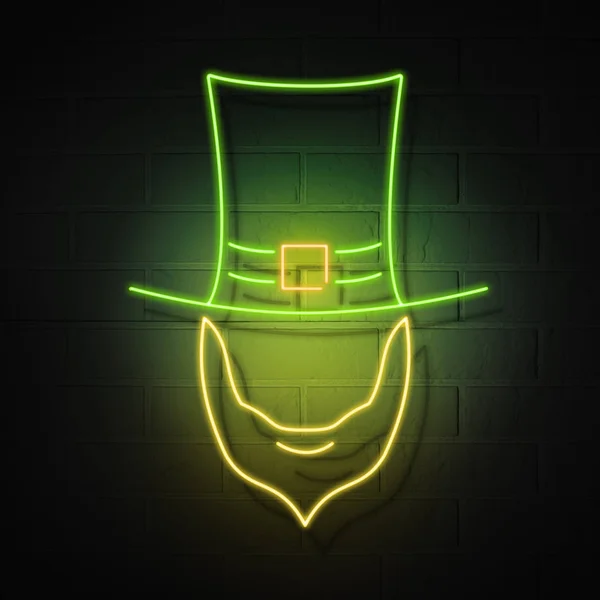 Een neon bord in de vorm van een hoed en baard van St. Patrick, zonder gezicht, tegen een stenen muur. Vakantie symbool. — Stockfoto