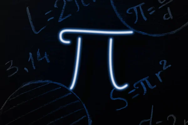 Neon signboard in the form of the sign Pi on the background of the blackboard. Horizontal orientation. — Stock Photo, Image