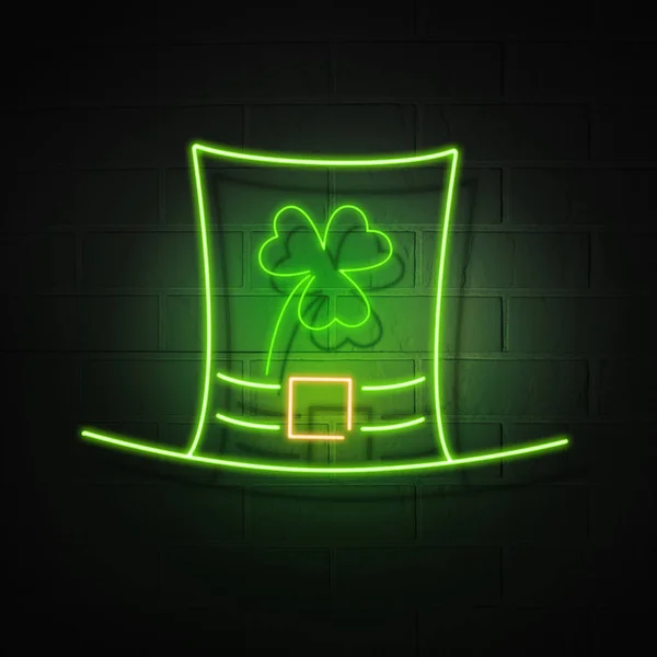 Klaverhoed en shamrock. Gloeiende neon symbolen van de vakantie van St. Patrick op de achtergrond van een bakstenen muur. — Stockfoto