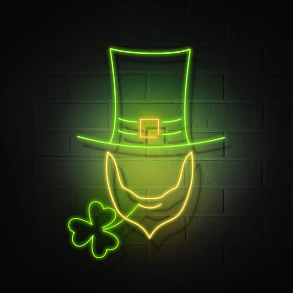 Een hoed met een baard zonder gezicht en een klavertje klaver. Gloeiende neon symbolen van de vakantie van St. Patrick op de achtergrond van een bakstenen muur. — Stockfoto
