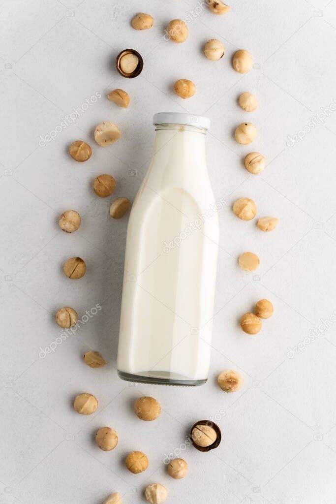 Bottle with milk and scattered macadamia nuts on a light gray concrete background.