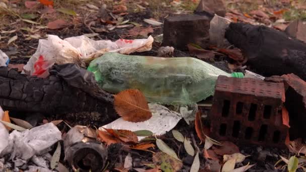 A természet műanyagszennyezése. Műanyag palack, zacskó és sárga levelek a füvön. — Stock videók