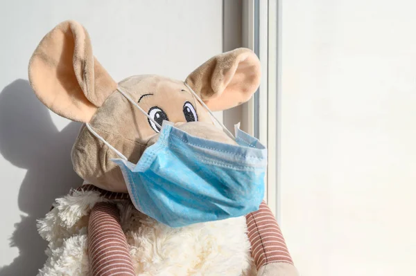 A plush toy rat in a medical protective mask sits on a windowsill and looks out into the street.