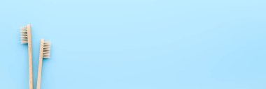Sıfır atık. Açık mavi arkaplanda çevre dostu bambu diş fırçaları..