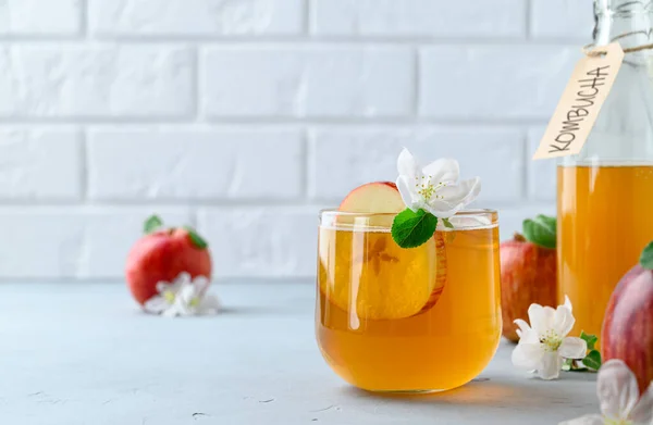 Kombucha fermenté maison ou cidre dans un verre avec une tranche de pomme fraîche sur une table en pierre gris clair . — Photo