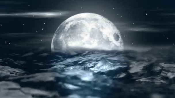 Анимационная ночная луна в волнах океана — стоковое видео