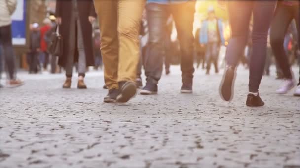 A multidão de turistas caminhando sobre uma calçada — Vídeo de Stock