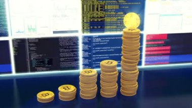 Animasyon araştırma bitcoins, mavi ışık ışınları, döngü
