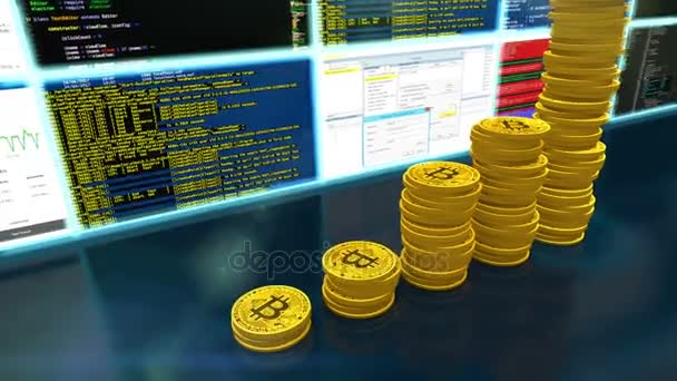 Animação 3D de bitcoins de mineração com câmera em movimento — Vídeo de Stock