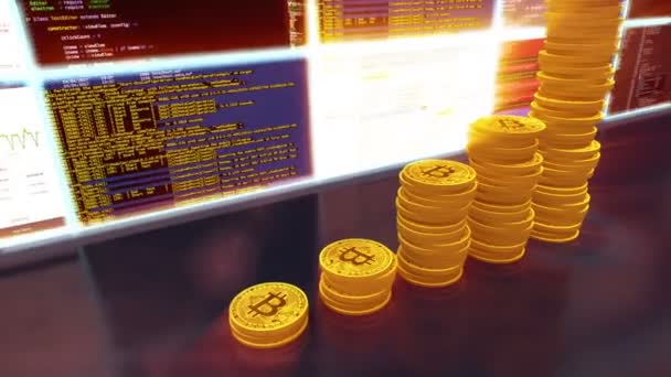 3D cg de bitcoins mineros con cámara móvil, rojo — Vídeo de stock