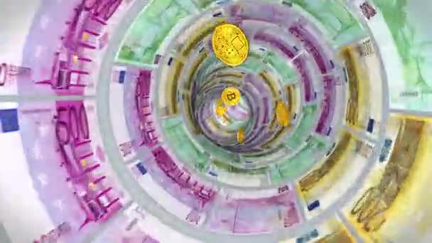 Bitcoins de vuelo a través de un túnel de billetes de euro — Vídeos de Stock