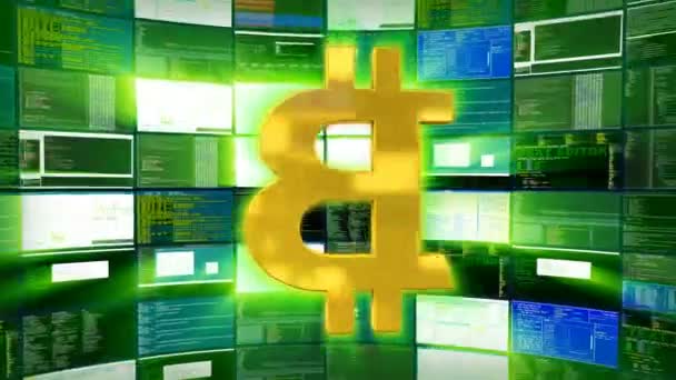 Sinal bitcoin ouro contra uma renderização monitor verde — Vídeo de Stock