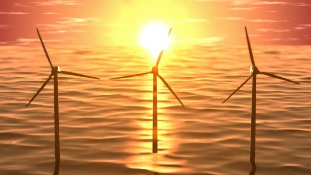Générateurs éoliens dans l'océan sur la boucle sans couture coucher de soleil — Video