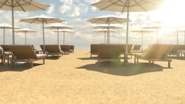 Empty wooden deck chairs and umbrellas on beach — Stock Footage Empty wooden deck chairs and umbrellas on beach Royalty Free Stock Video