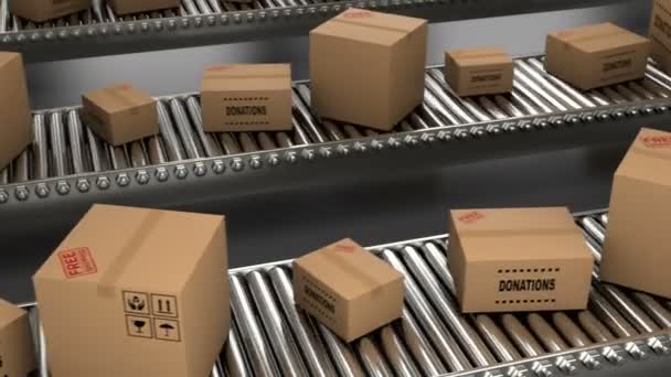 3D доставка бумажные коробки и картонные коробки движутся по конвейерной ленте для петли — стоковое видео