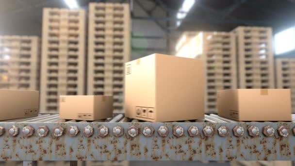 Картонные коробки разного размера, перевозящие на старой ленте конвейера, бесшовная петля — стоковое видео