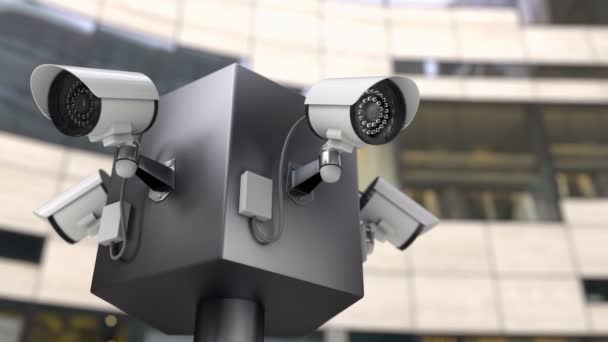 A térfigyelő kamerák figyelik az épület bejáratát, 3D animáció. — Stock videók