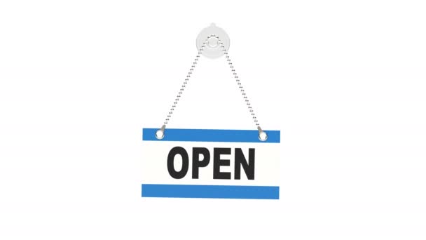 3d Animation Concept of an Open Door Sign on White and Black Background Matte — Stock Video