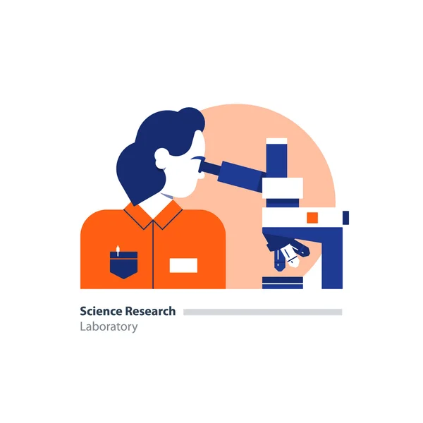 Science lab, laboratorium badań naukowych, Kobieta patrząc w mikroskopie — Wektor stockowy