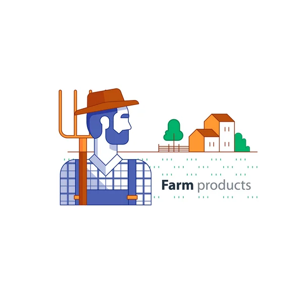 Indústria agrícola, agricultor com garfo, casa de fazenda, lado do país —  Vetores de Stock