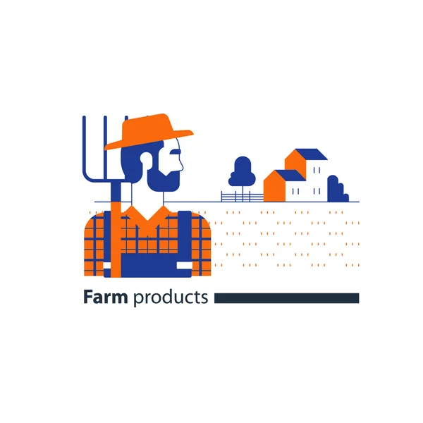 Farming industry, farmer with fork, farm house, country side — Stock Vector