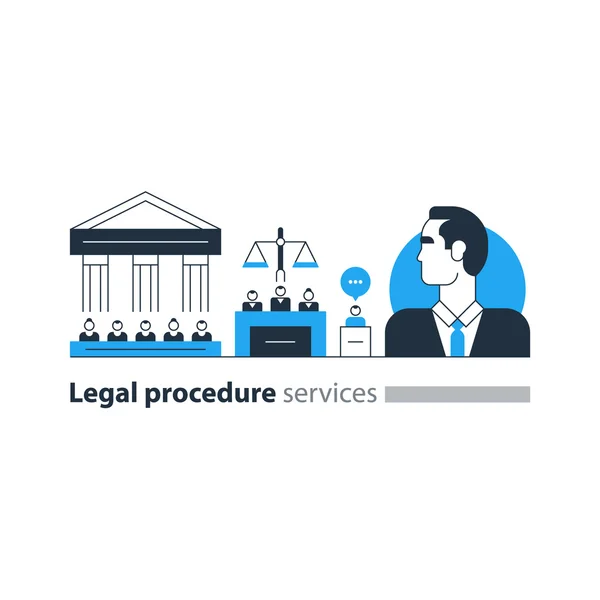 Juridische Hof huis proces diensten pictogrammen, advocaat man, belangenbehartiging advocaat deskundige — Stockvector