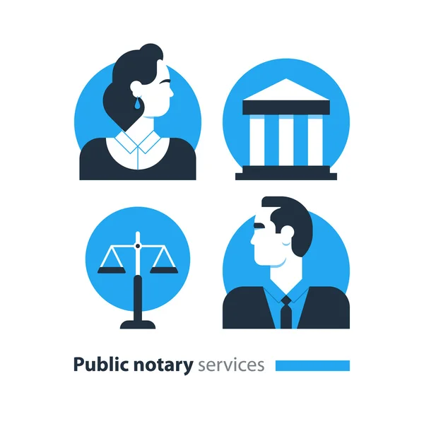 Conjunto de iconos de servicios de notario público, abogacía bufete de abogados consultar documento certificar — Vector de stock