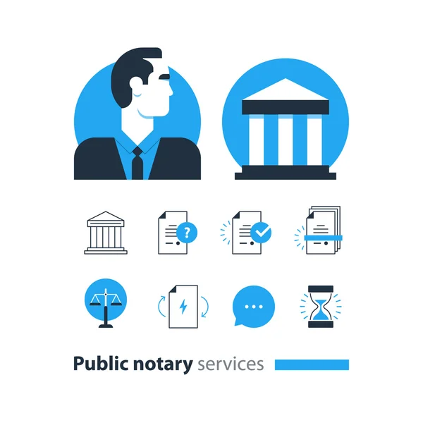 Conjunto de iconos de servicios de notario público, abogacía bufete de abogados consultar documento certificar — Vector de stock