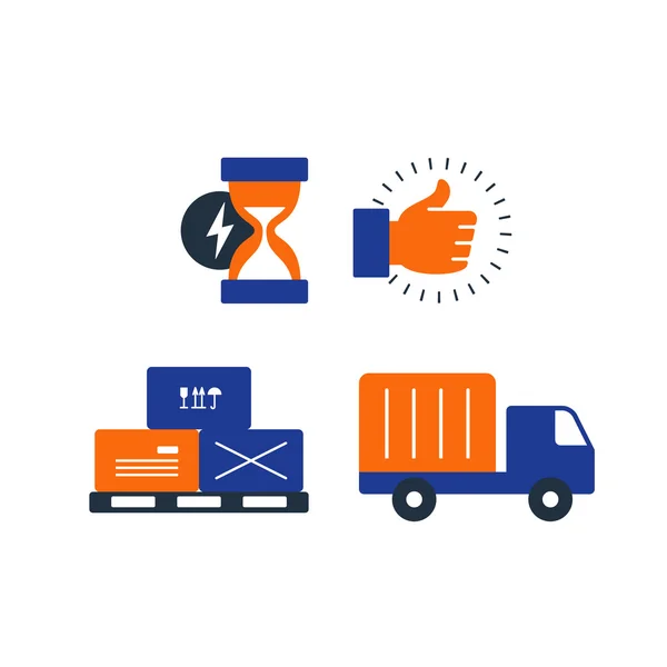 Entrega logística serveces ícones conjunto, mover caixas, caminhão de carga, tempo — Vetor de Stock