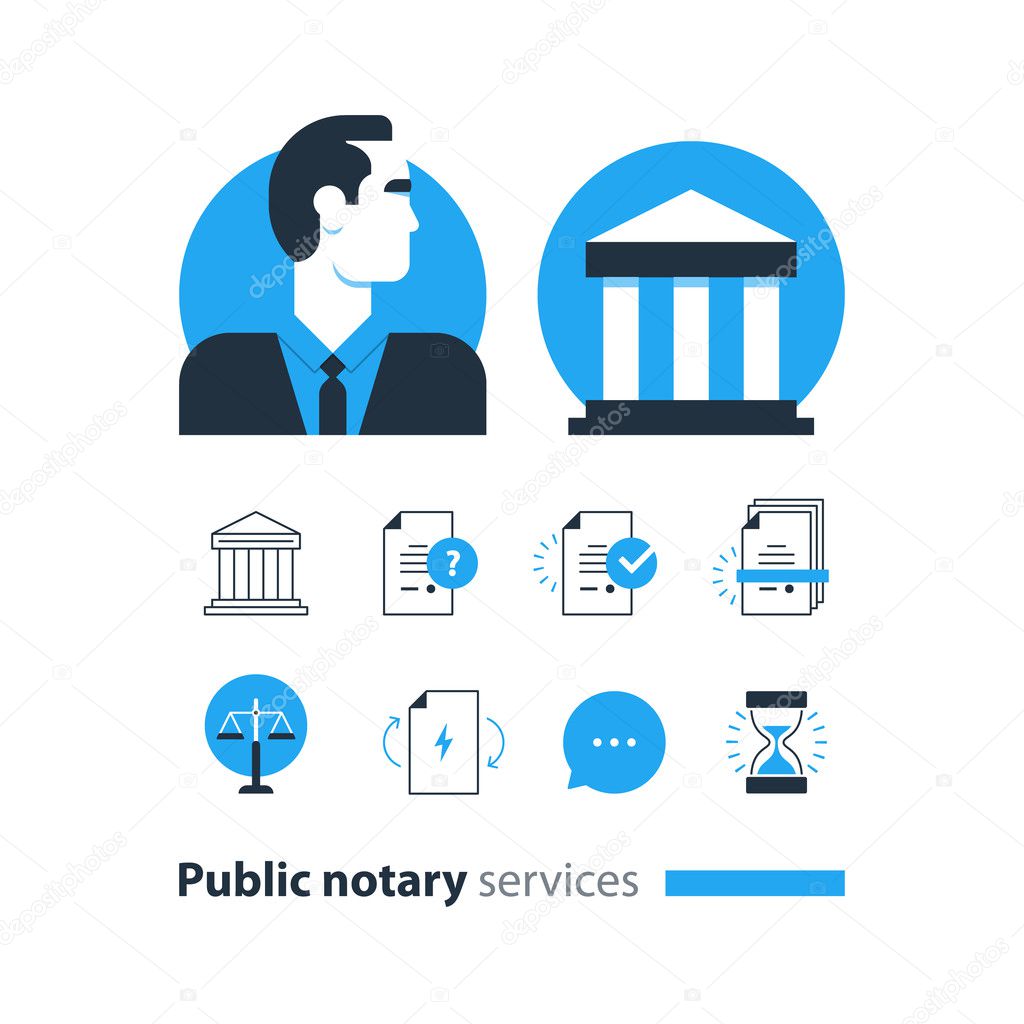 Public notary services icons set, law firm man advocacy consult document certify