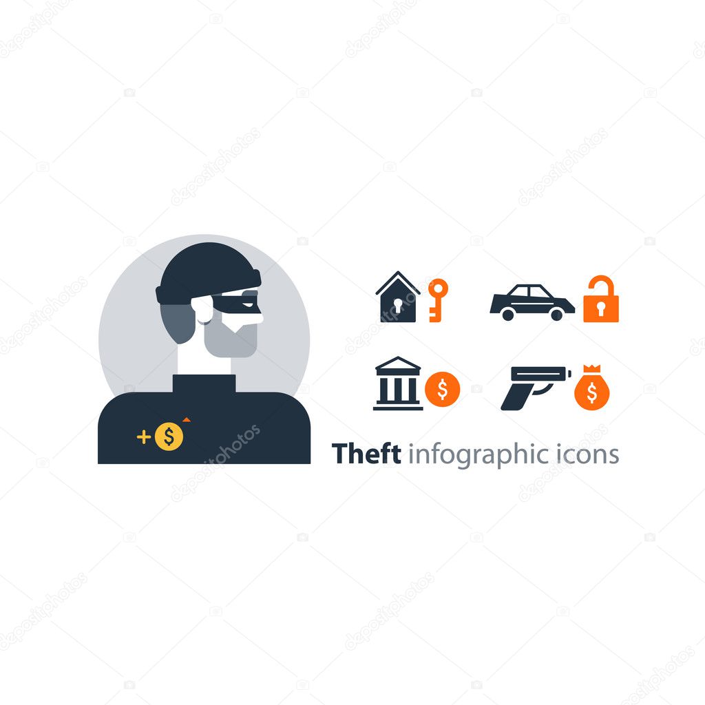 Criminal stealing money, bank robbery, home burglary, car insurance, gun icon