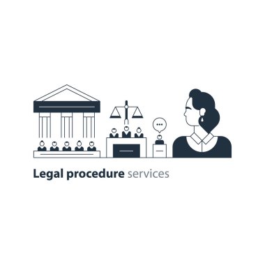 Legal court house trial services icons, lawyer man, advocacy attorney expert clipart