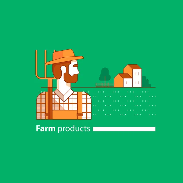 Farming industry, farmer with fork, farm house, country side — Stock Vector