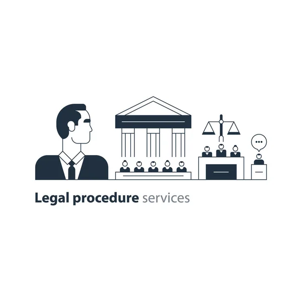 Jogi bíróság house próba szolgáltatások ikonok, ügyvéd ember, érdekvédelmi ügyvivő szakértő — Stock Vector