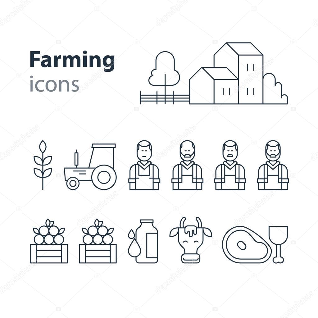 Flat design vector illustration. Farm workers and products icons