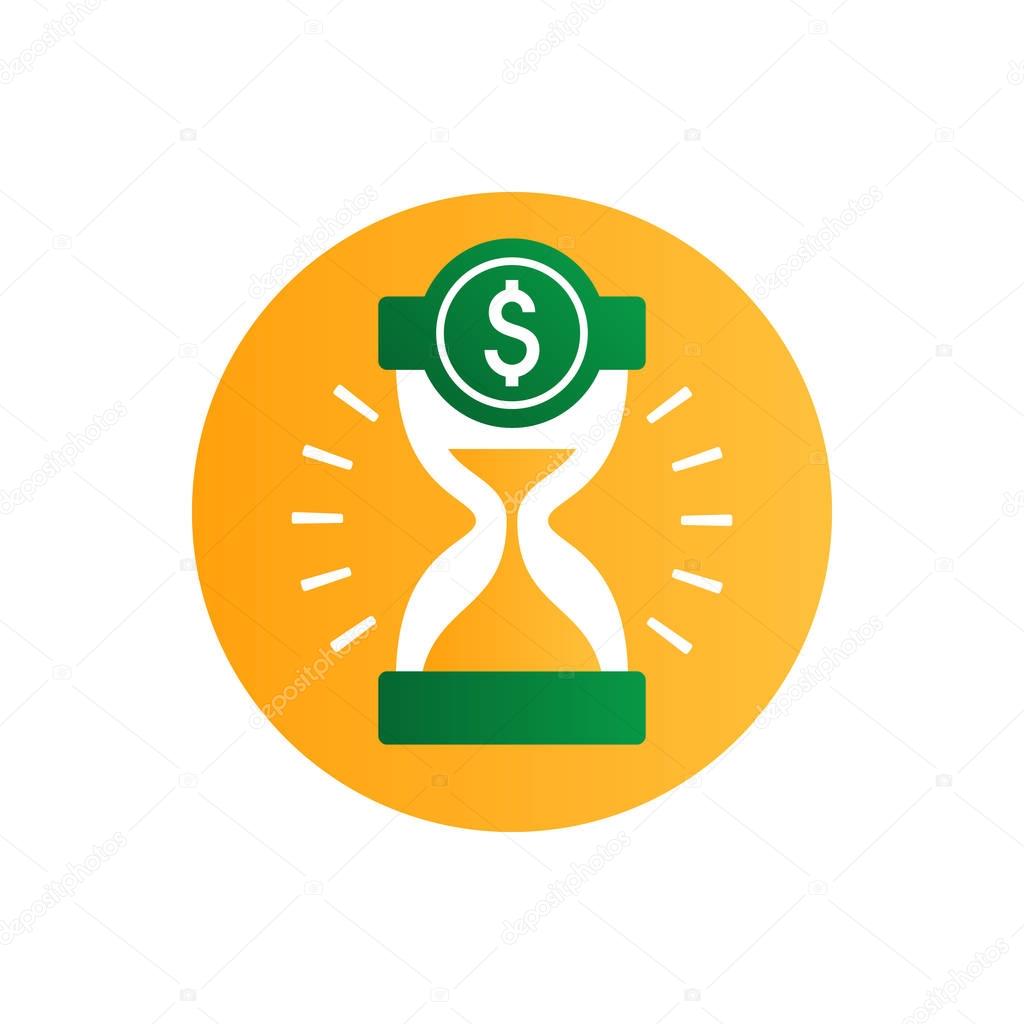 Business and finance theme concept, sand glass time and money icon. Flat design vector illustration