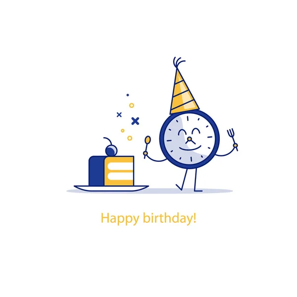 Feliz cumpleaños, tiempo de fiesta, celebración del evento, pedazo de pastel, ilustración divertida — Vector de stock