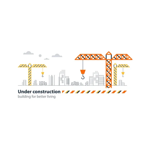 Fastigheter bygga företag, under konstruktion webbplats banner, kranar — Stock vektor
