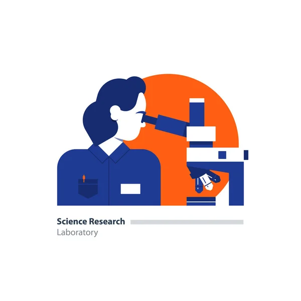 Laboratório de ciência, laboratório de pesquisa científica, mulher olhando em microscópio —  Vetores de Stock