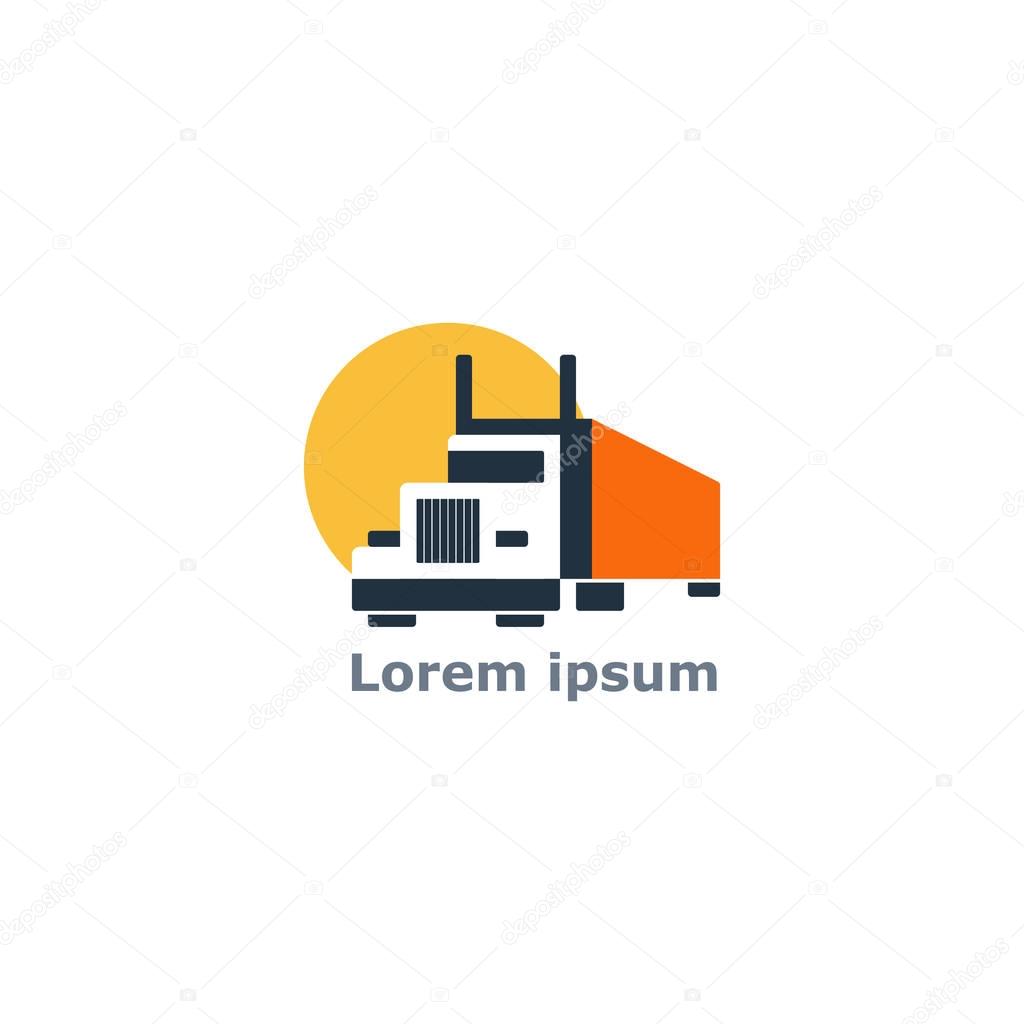 Truck delivery logo, transportation logistics services, american long truck icon, lorry vector flat design