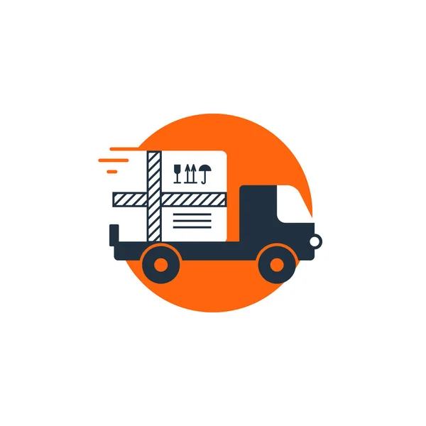 Servizi logistici di consegna icona, scatole traslochi, camion di carico, tempo veloce — Vettoriale Stock
